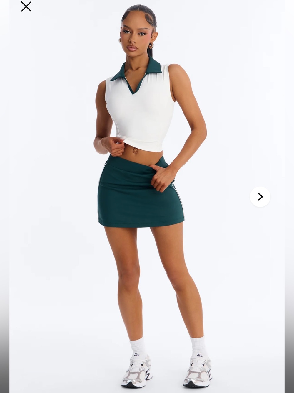 White Sleeveless Polo Crop Top with Dark Green Tennis Skort set